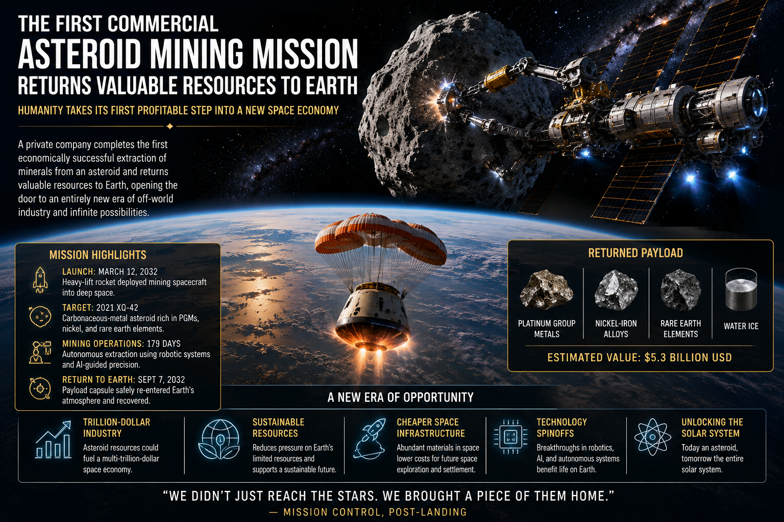 The First Commercial Asteroid Mining Mission Returns Valuable Resources to Earth
